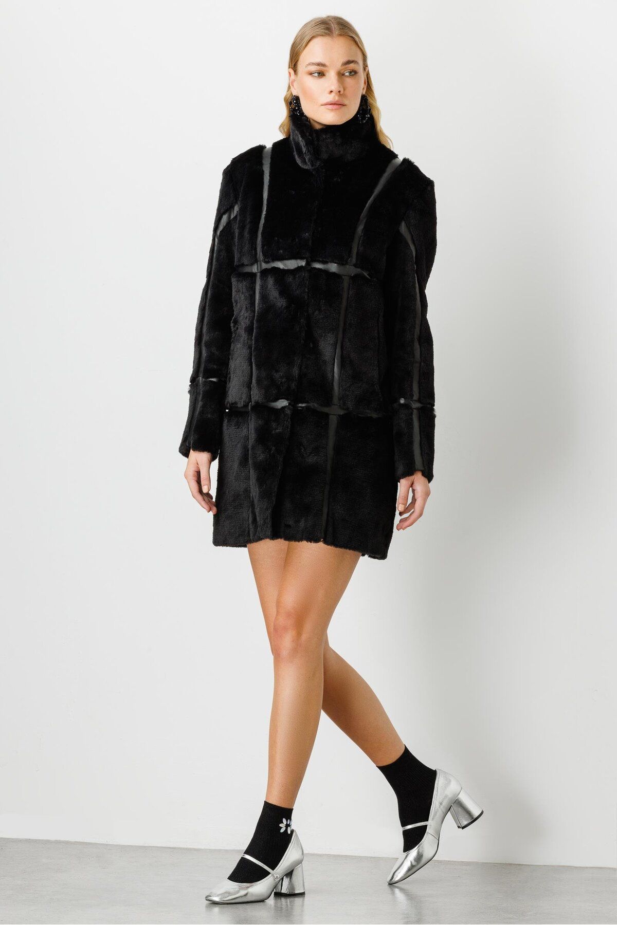 Moda İlgi-Modailgi Stripe Detailed Fur Coat Black 2