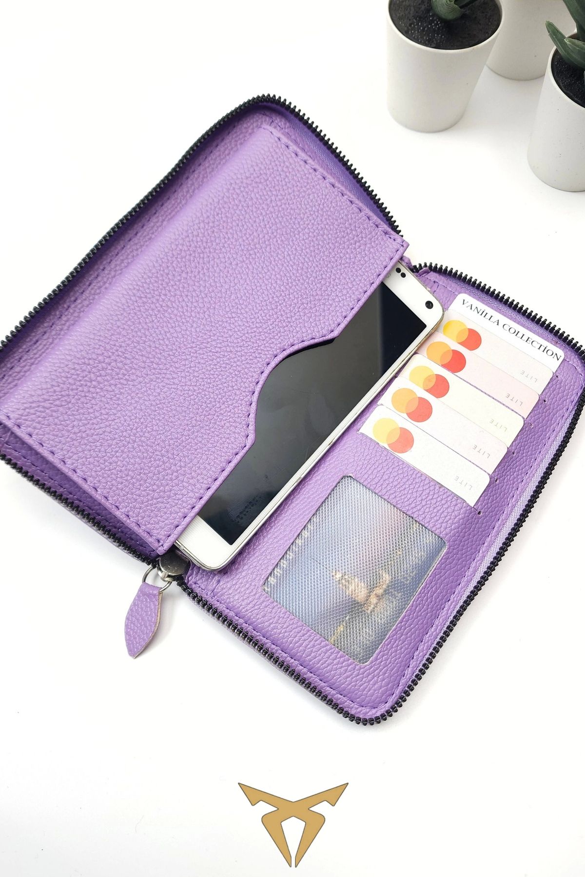 کیف پول زنانه قسمت تلفن LILA COLOR WALLET چرمی PORTFOLIO CARD HOLDER LONG VANİLLA COLLECTİON