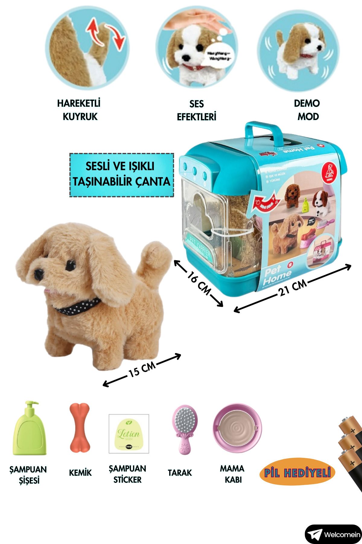 welcomein Oyuncak Sesli Işıklı Yürüyen Hareketli Köpek Taşıma Çantalı Aksesuarlı Set  Taşınabilir Çanta +Pil🎁