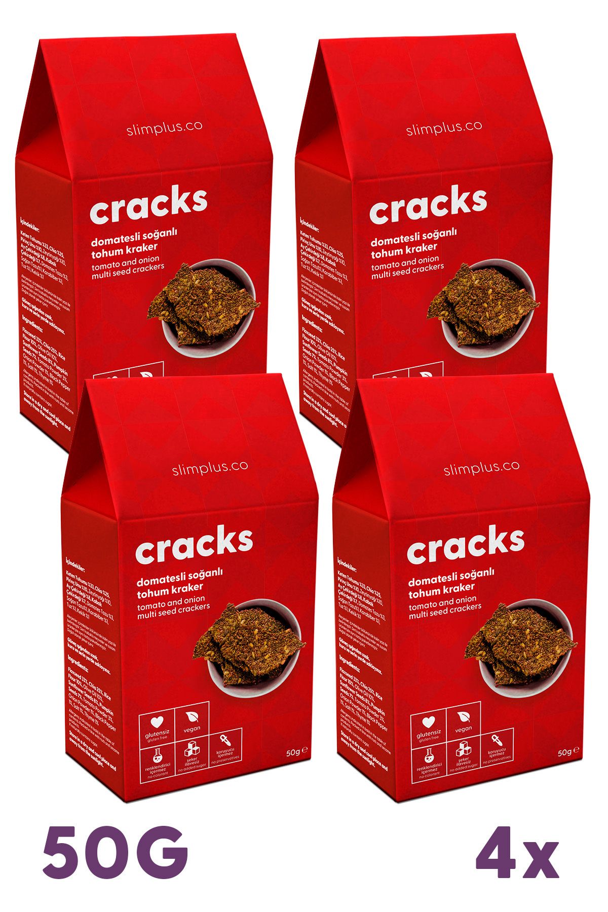 Slim+ 4 Paket Domates Soğanlı Glutensiz Vegan Tohum Kraker Cracks 50gr