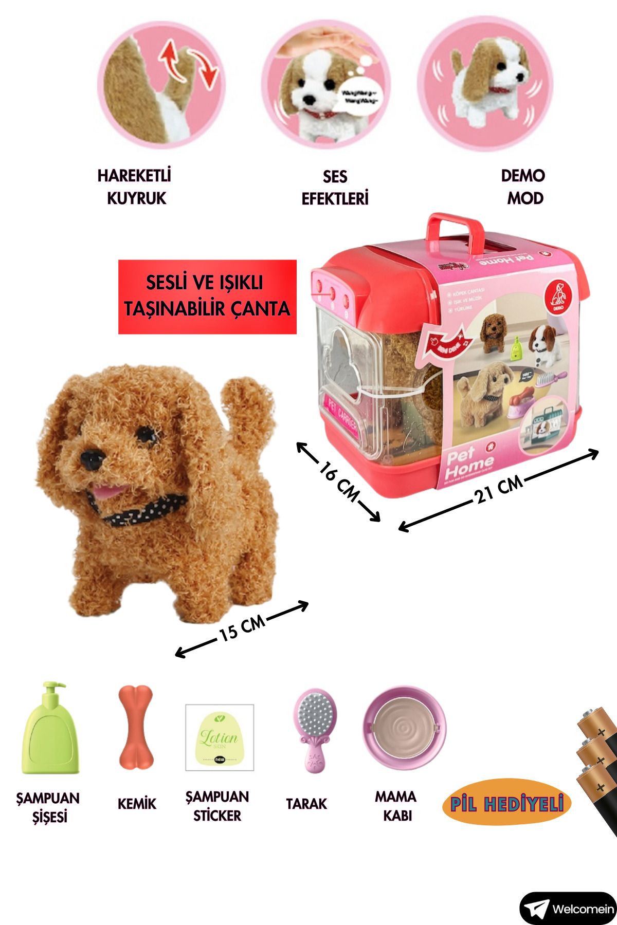 welcomein Oyuncak Sesli Işıklı Yürüyen Hareketli Köpek Taşıma Çantalı Aksesuarlı Set  Taşınabilir Çanta +Pil🎁