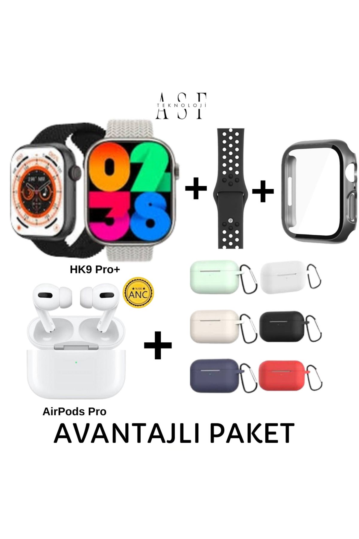 asfteknoloji Avantajlı Paket HK9 Pro+ Plus Akıllı Saat+AirPods Pro+Kılıf+Koruyucu