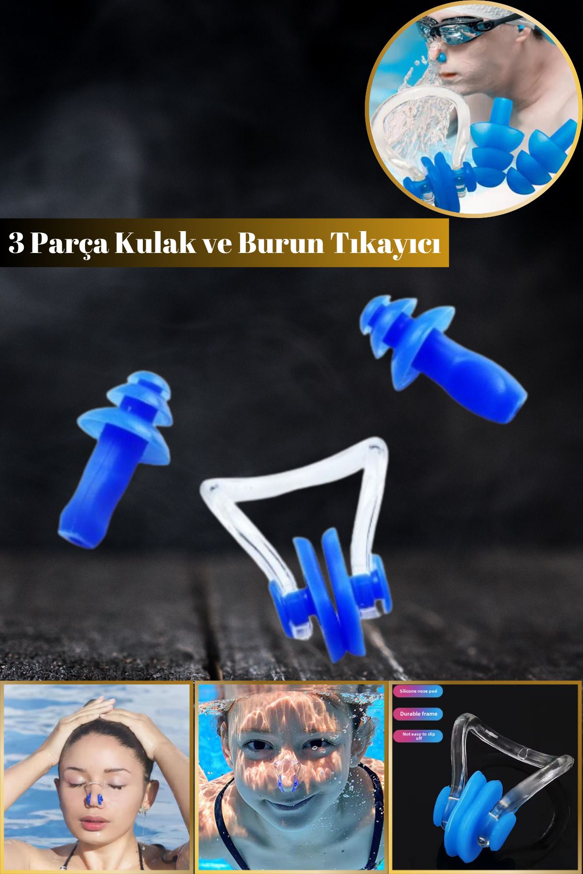 Hane Dostu 3 Parça Banyo ve Havuz Silikon Kulak Burun Tıkacı