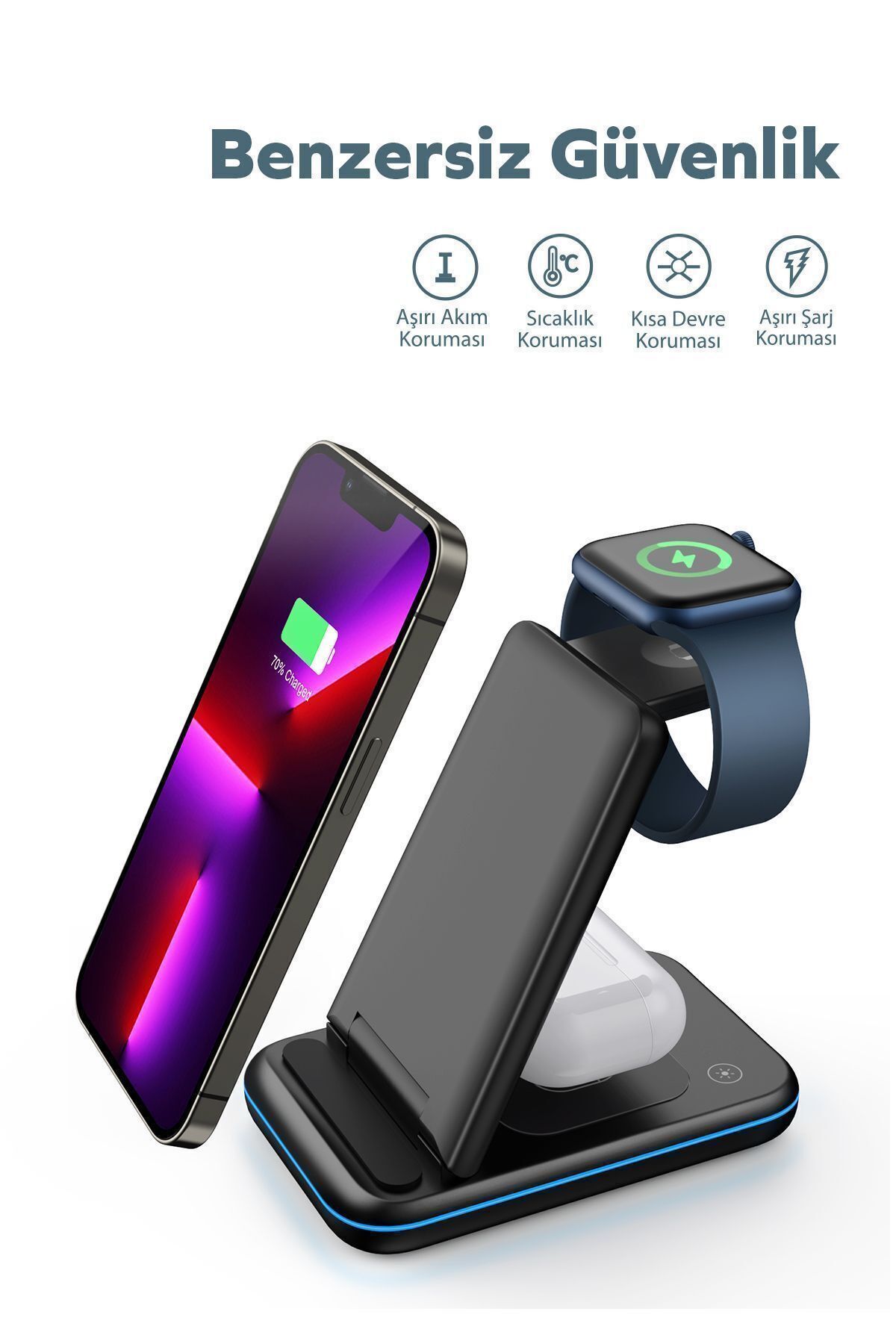 Soffany Wireless Kablosuz Şarj Standı | Katlanabilir | Apple iPhone, Watch, AirPods Uyumlu | 15W Hızlı Şarj