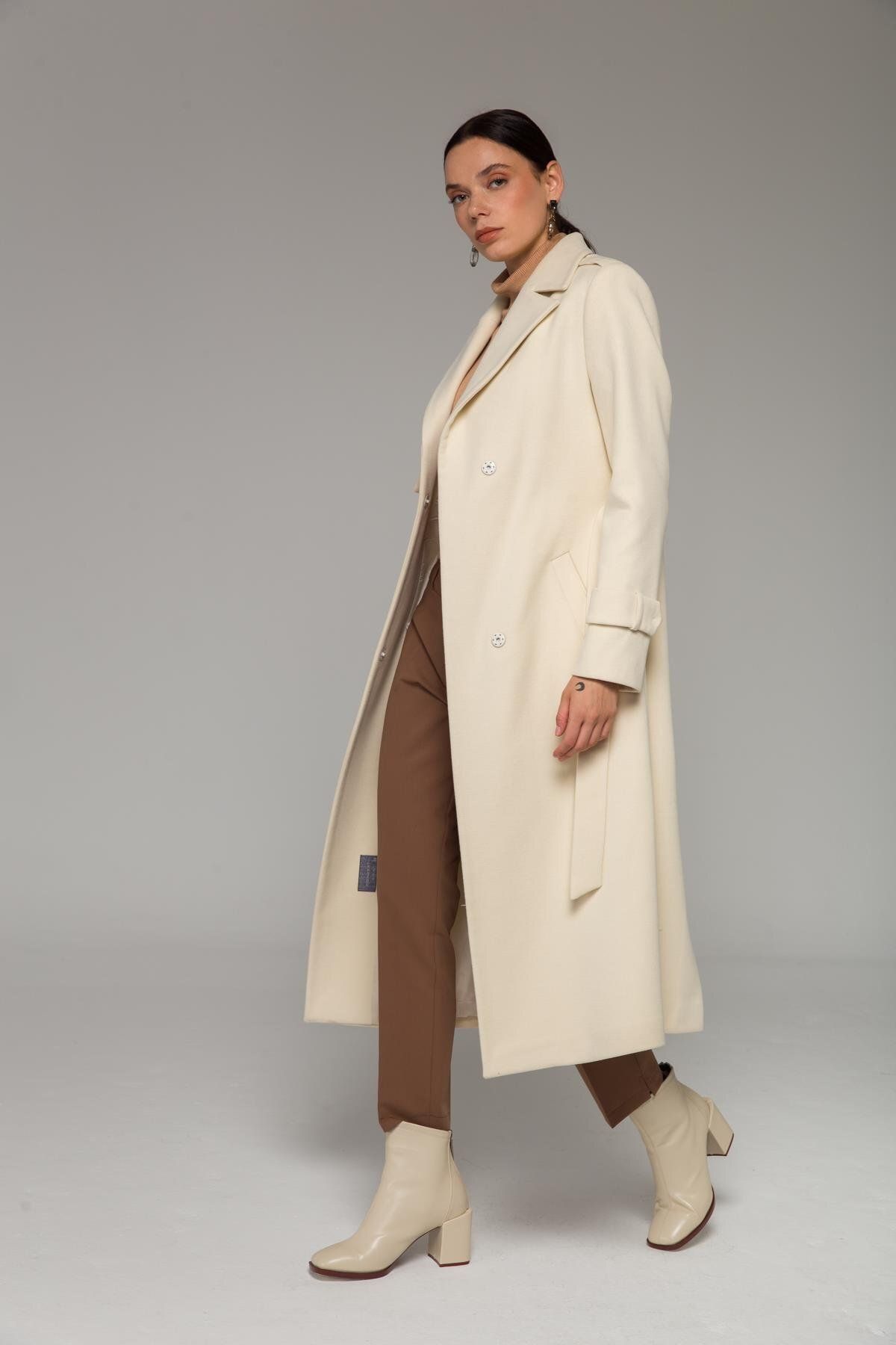 Olcay-Cape and Epaulette Detailed Snap Closure Medium Length Coat Ecru 3771 4