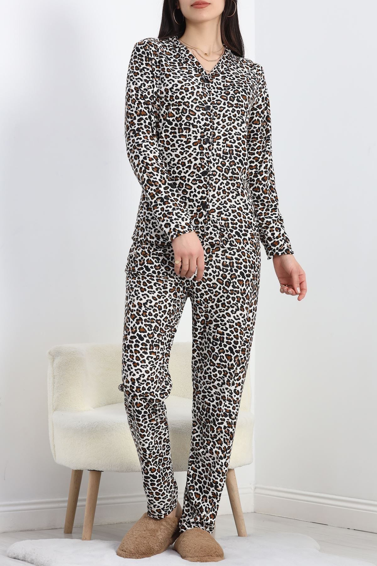 colezium Düğmeli Süet Pijama Takımı Leopar