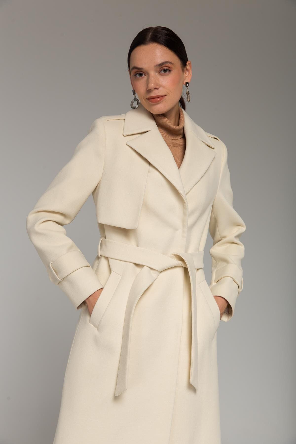 Olcay-Cape and Epaulette Detailed Snap Closure Medium Length Coat Ecru 3771 3