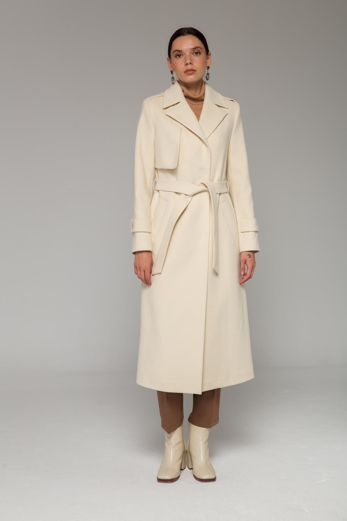 Olcay-Cape and Epaulette Detailed Snap Closure Medium Length Coat Ecru 3771 2