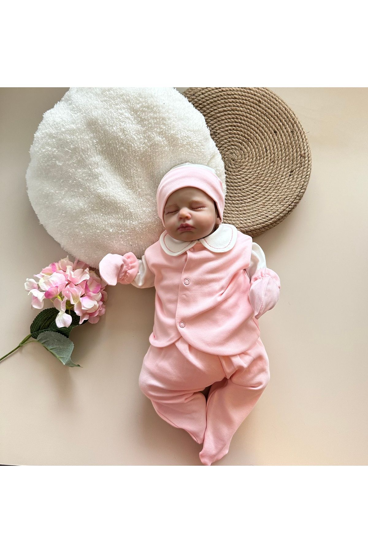 Mama Miel Baby Yelekli Hastane Çıkışı Set - Pembe / (Yelek, Pantolon, Body, Bere, Eldiven)