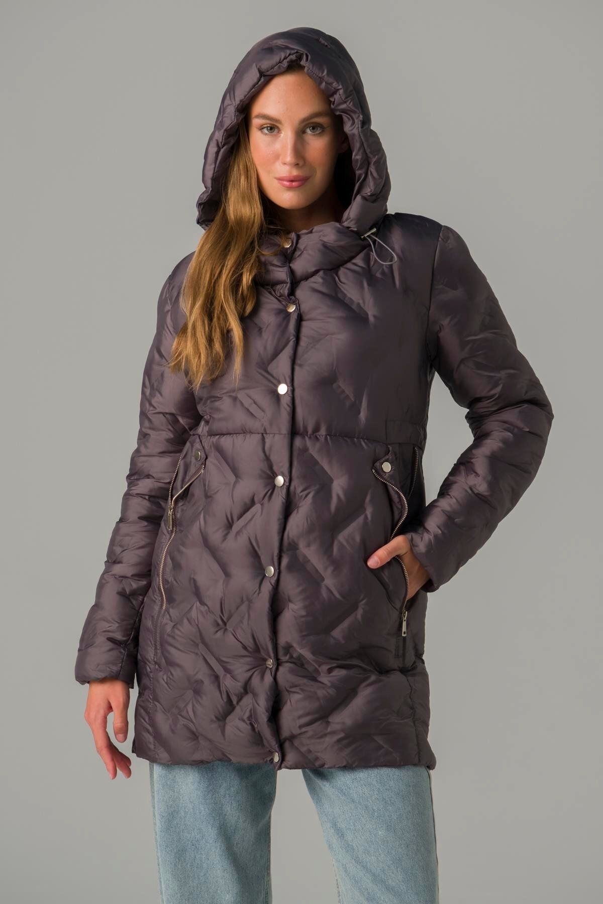 Olcay-Vreckový zips s kapucňou s detailným vzorom Puffer Coat Antracite 6394 4