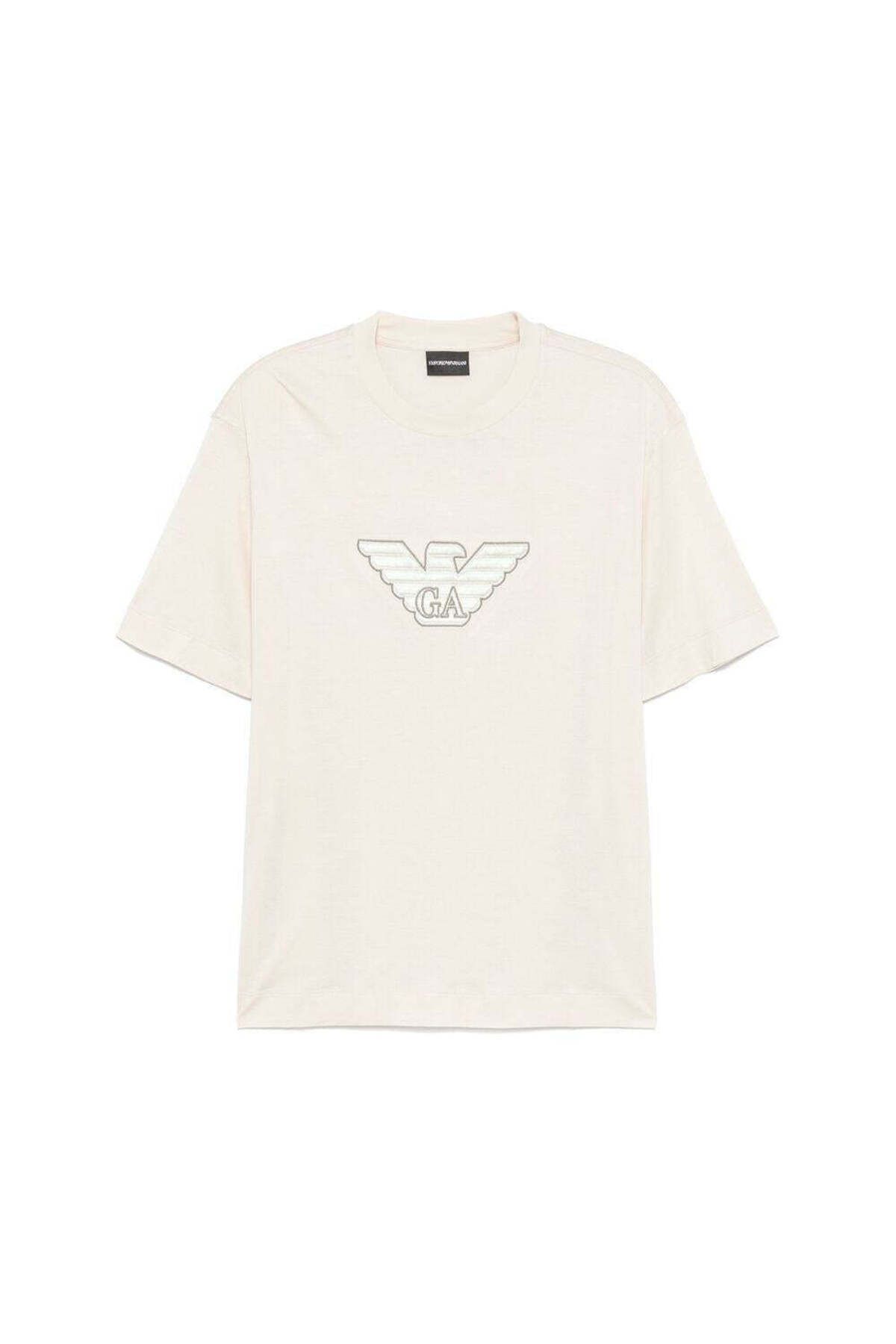 Emporio Armani-Men's Regular Fit Round Neck Cotton Milan Printed Short Sleeve Cream T-Shirt Em 001033   Af10017-M10 1