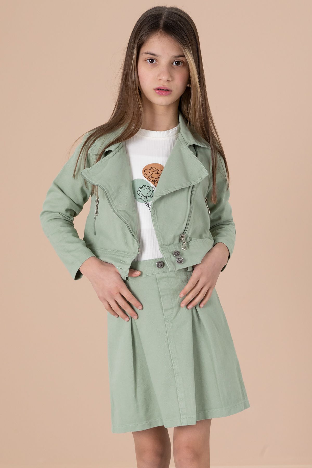 Cansın Mini-Green Side Zipper Jean Jacket 3-Piece Skirt Girl's Suit 20216 4