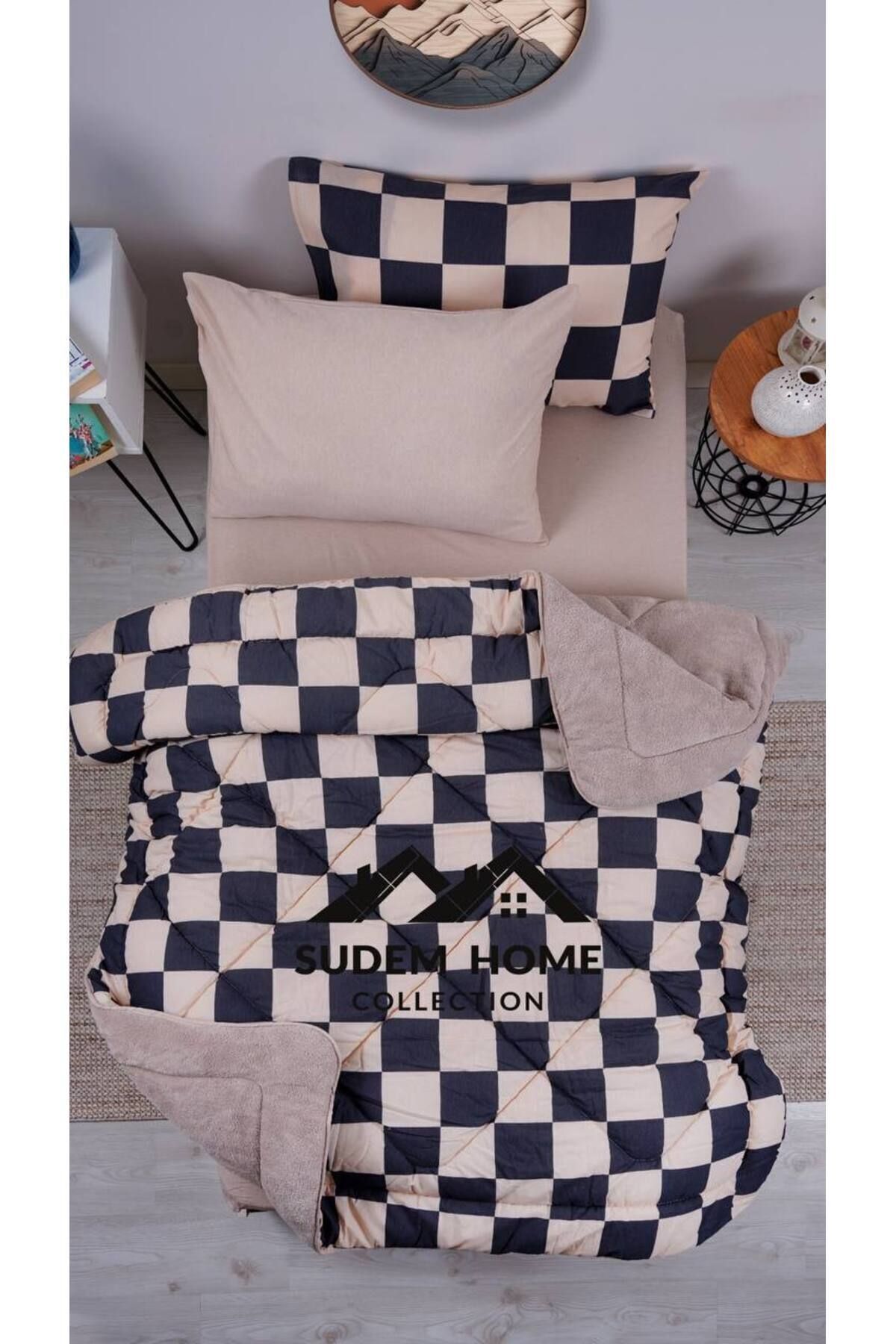 Sudemhome-Welsoft Single Soft Sleeping Set - Double Sided Beige Checkerboard (Elastic Çarsaf) 2