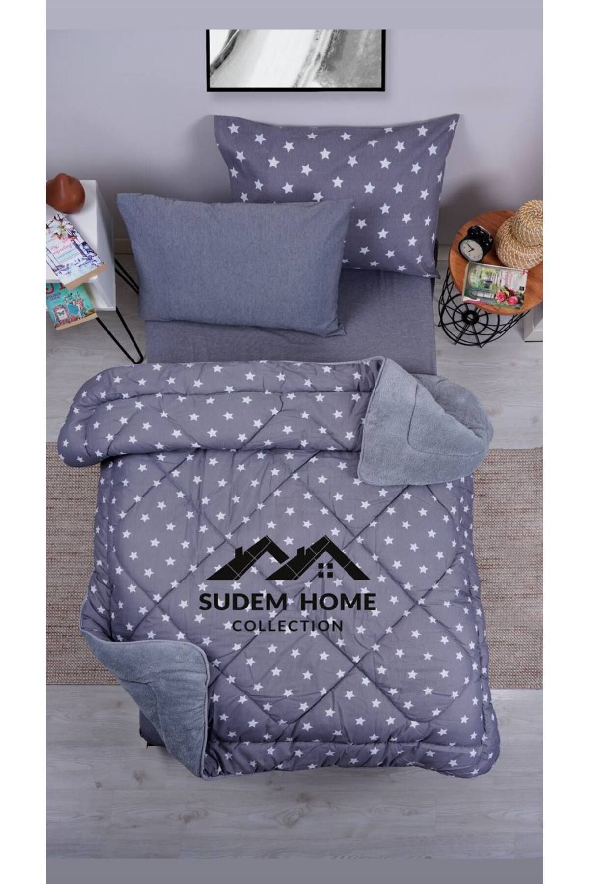 Sudemhome-Single Double Sided Welsoft Fluffy Soft Sleeping Set Anthracite Star (with Elastic Sheets) 2