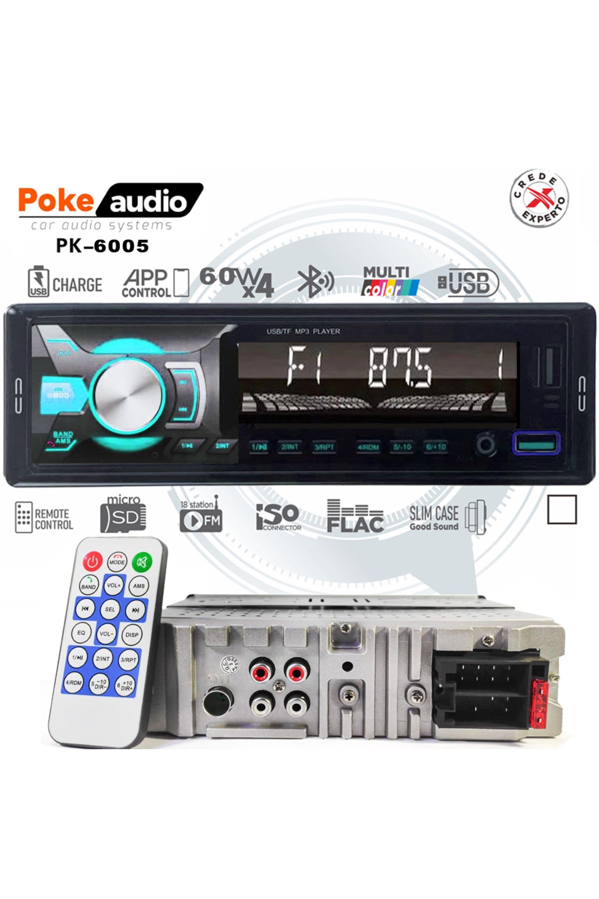 Poke Oto Teyp 4x60 Watt BT 2xUSB Fm Şarjlı APP 7388 Entegre Poke PK-6005