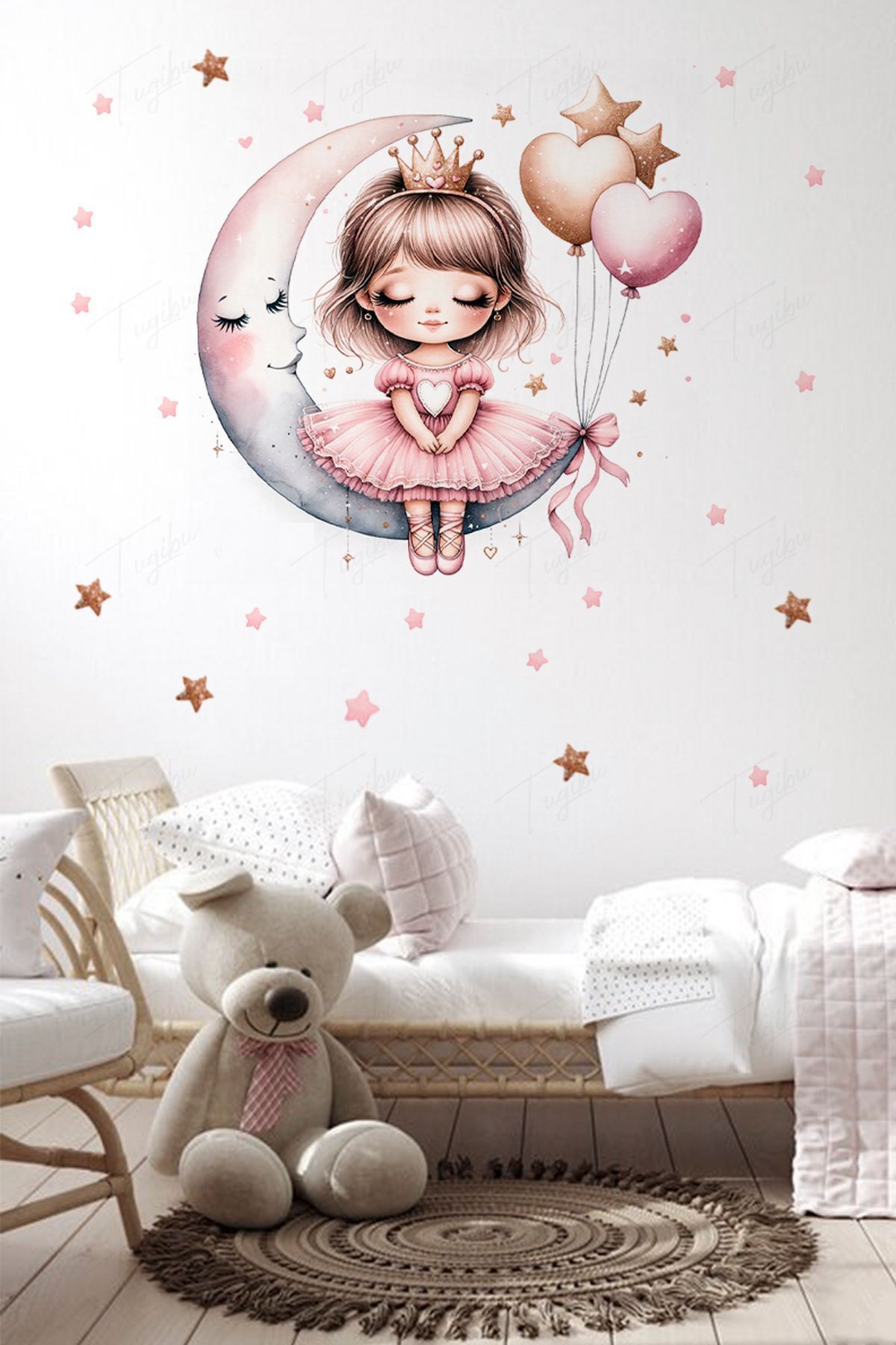 TUGİBU Ayda Oturan Sevimli Kız Çocuk Odası Duvar Sticker Seti, 137 Parça Bebek Odası Duvar Sticker Seti fotoğrafı 2 (önizleme)