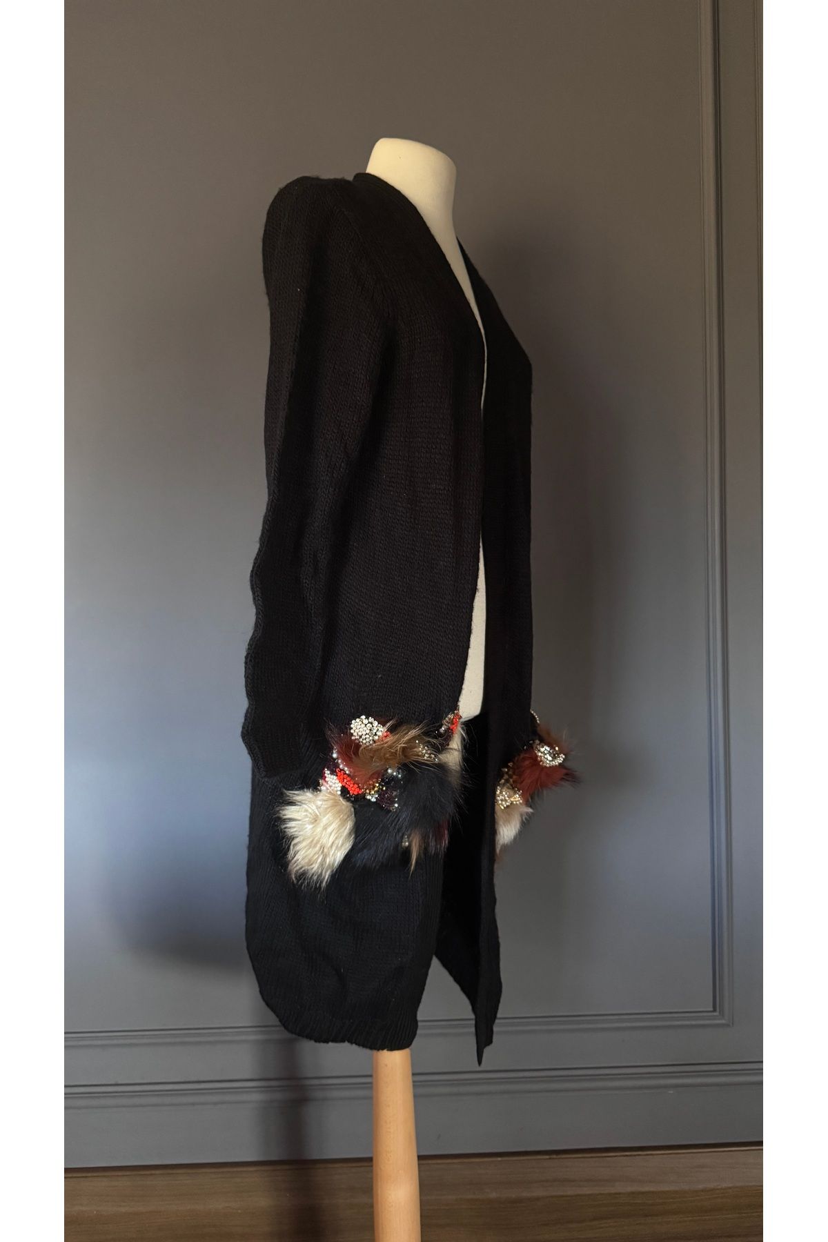 Kübra Tekin-Black Long Cardigan with Stone and Bead Embroidery 2