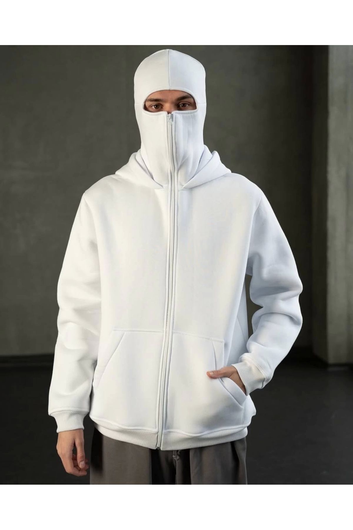 gies Beyaz Maskeli Polar Sweat (Üç İplik,Şardonlu),Maskeli Sweatshirt - Çift Cepli - New Season