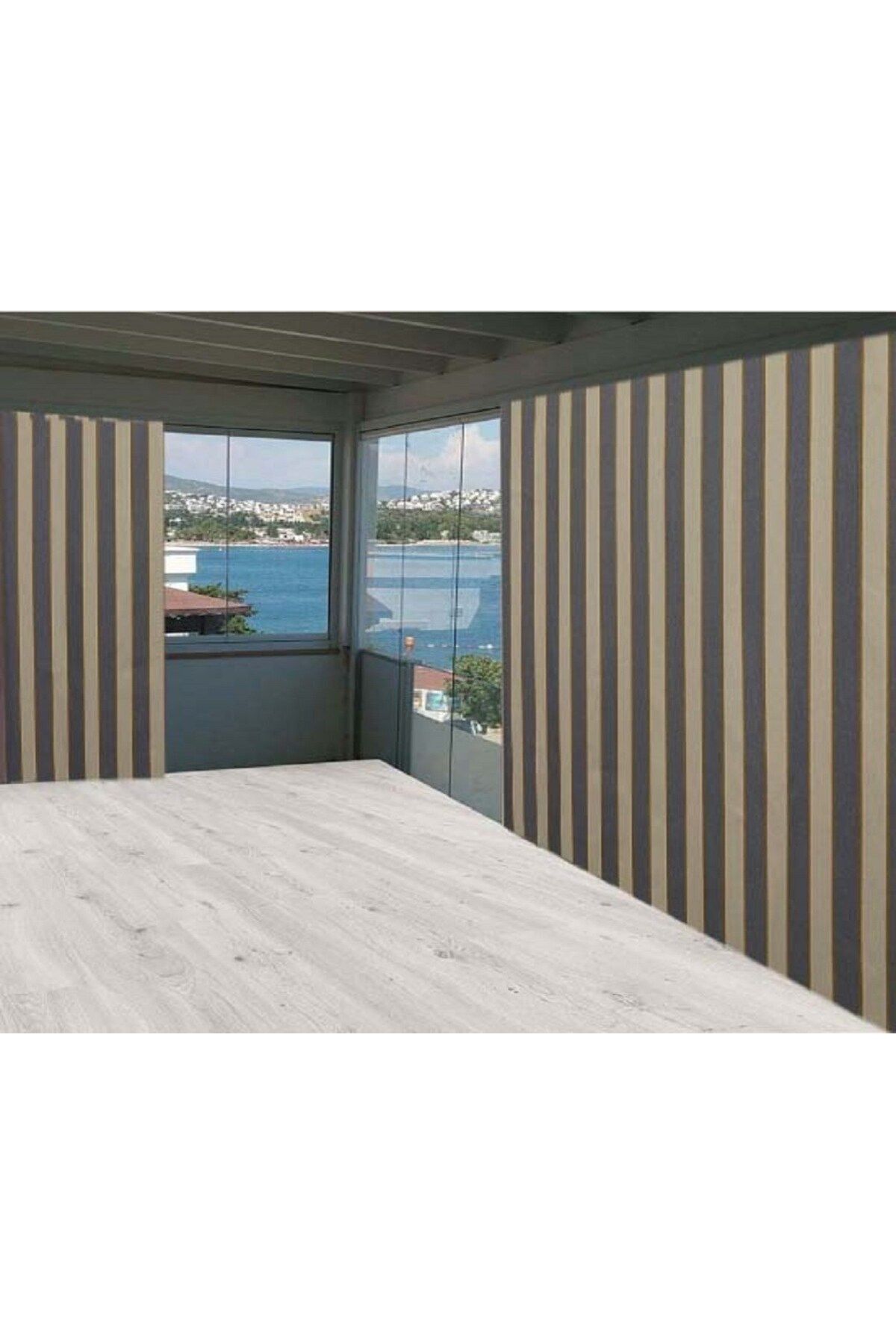 ceylan home Balkon Perdesi Brandası Gri Krem Çizgili 825x250