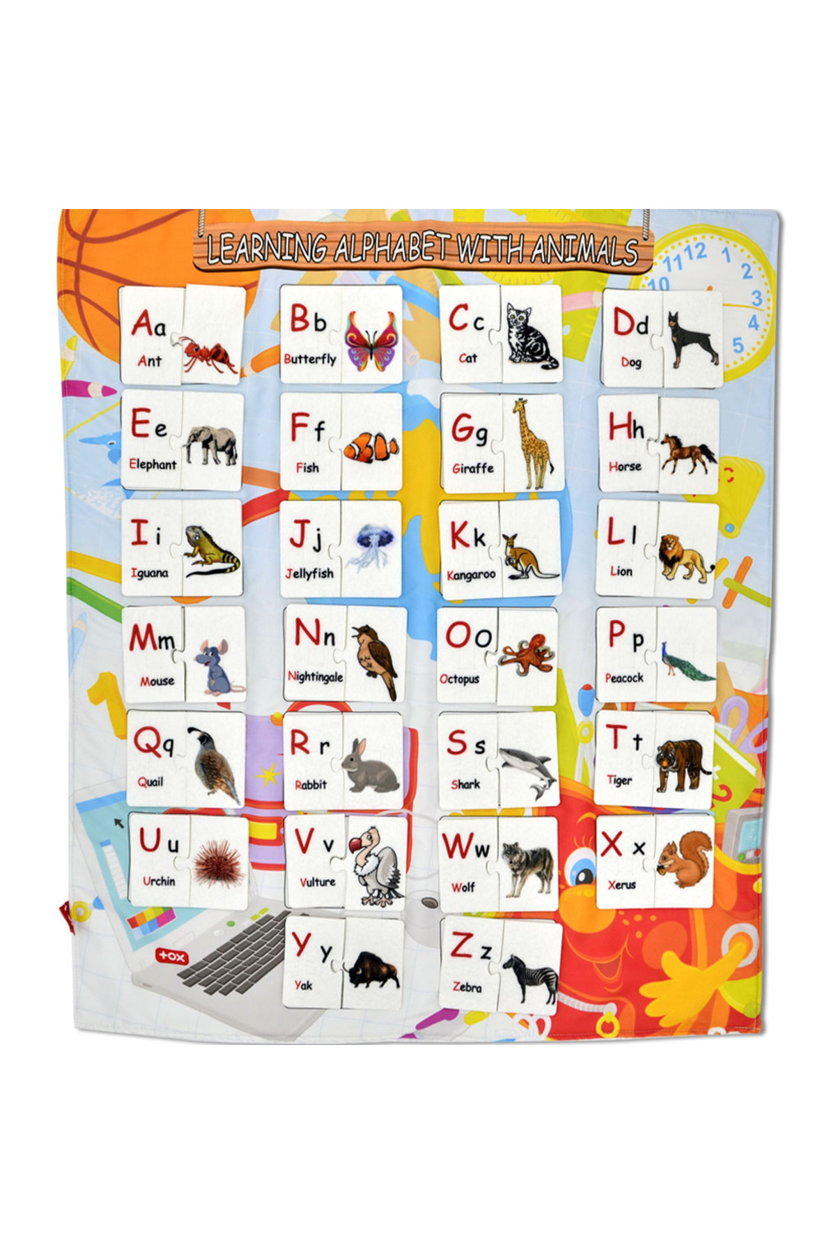 تخته دیواری آموزشی نمدی با ولکرو، جورکردنی حروف الفبا و حیوانات کامل، اسباببازی آموزشی