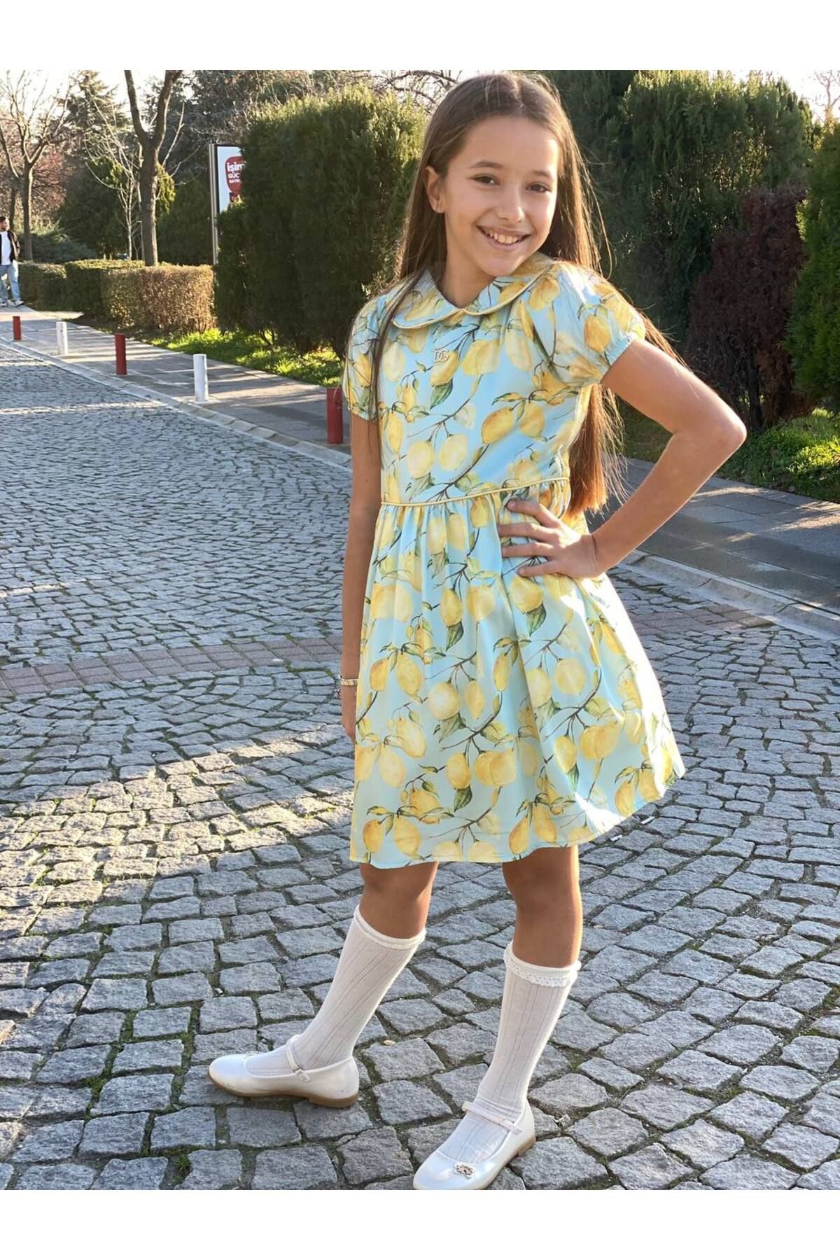 HC Kids Wear Kız Çocuk Bebe Yaka Limon Desenli  Elbise