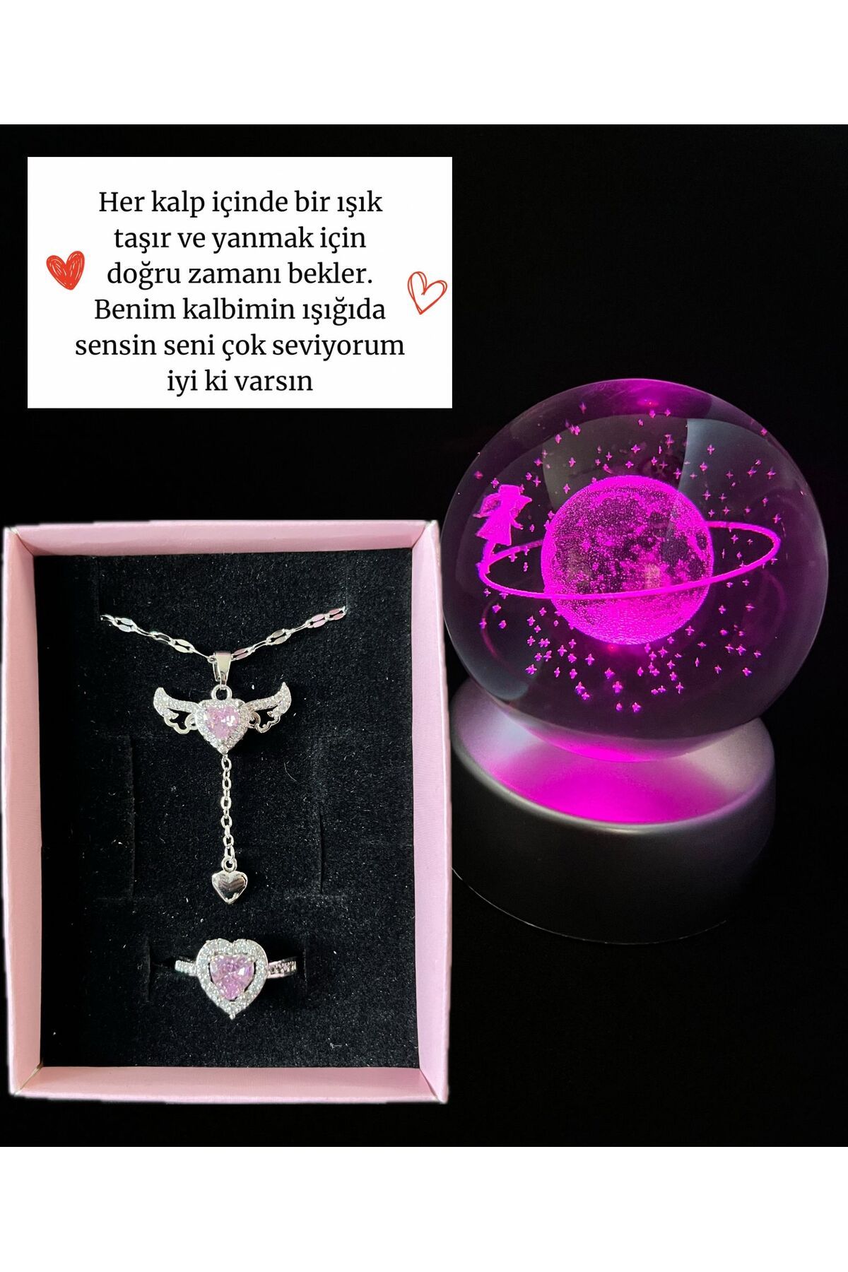 Sepetten Eve Hediye Paketinde Pandora&ç Yüzük Kanatlı Kolye Ciddi Ilişki Yüzüğü ve Kar küresi Set Kombin 14 şubat