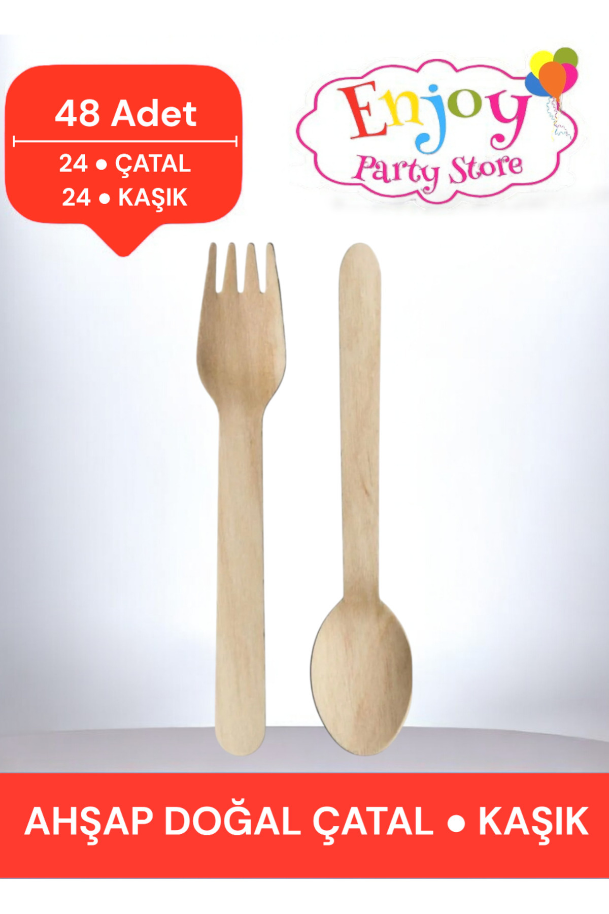 Enjoy Party Store Kullan At Ahşap Tahta Kaşık, Çatal Set 48'li (24 ADET KAŞİK, 24 ADET ÇATAL) Doğal Tek kullanımlık