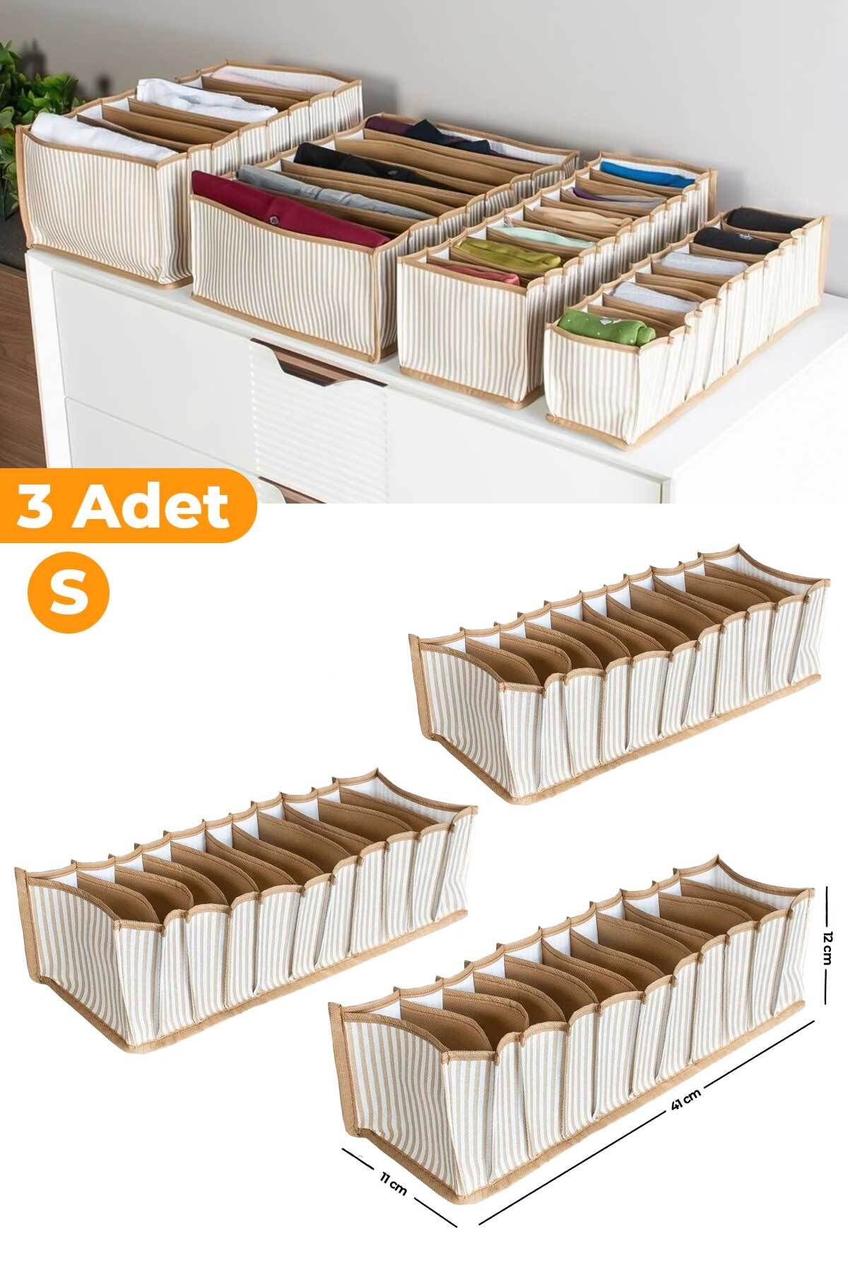 Serstil-منظم مكون من 11 حجرة مخططة باللون البيج - 3 أكياس صغيرة - 11x41x12 سم 1