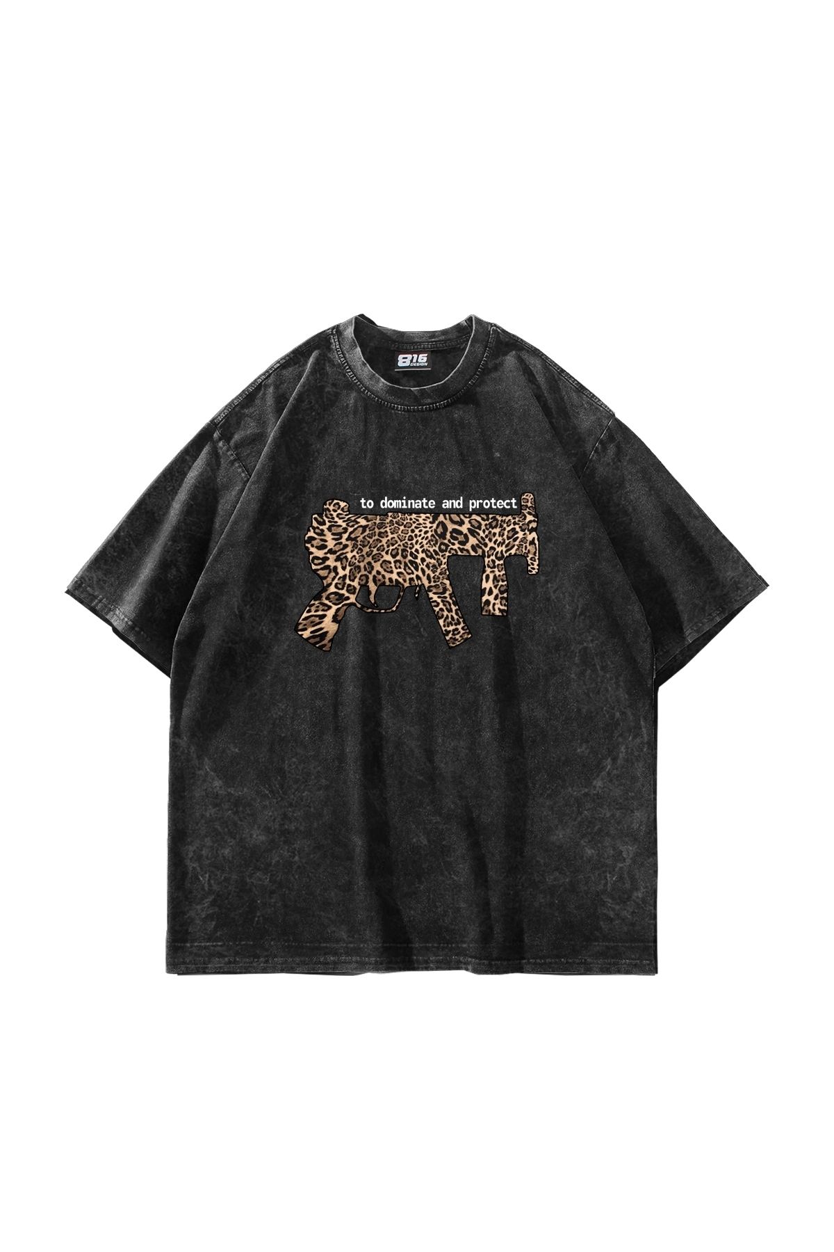 Tarzsokak Dominante Leopar Baskılı Oversize Unisex Yıkamalı Siyah