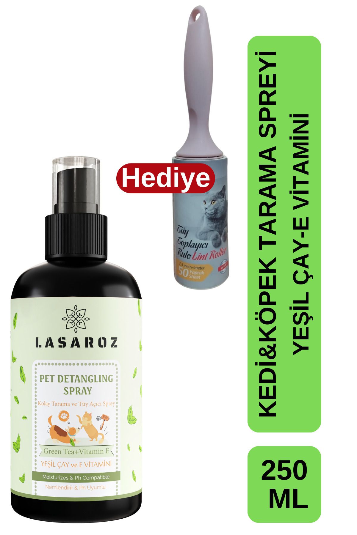 lasaroz Kedi Köpek Kıtık Açıcı Kolay Tarama Spreyi 250 ml Ve Tüy Toplama Rulosu Hediye