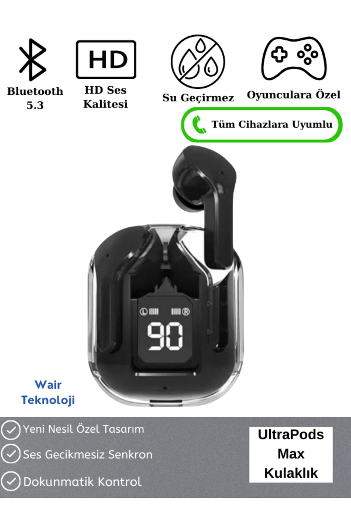 DC TECNO Ultrapods Max Kablosuz Bluetooth Kulaklık Powerbank Özellikli Dijital Ekranlı Enc Modu - Siyah