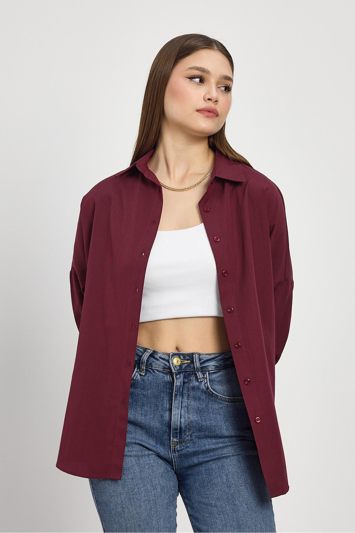 Rays  Bordo Relaxed Fit Rahat Kesim Basic Gömlek - 6621a - Görsel 5