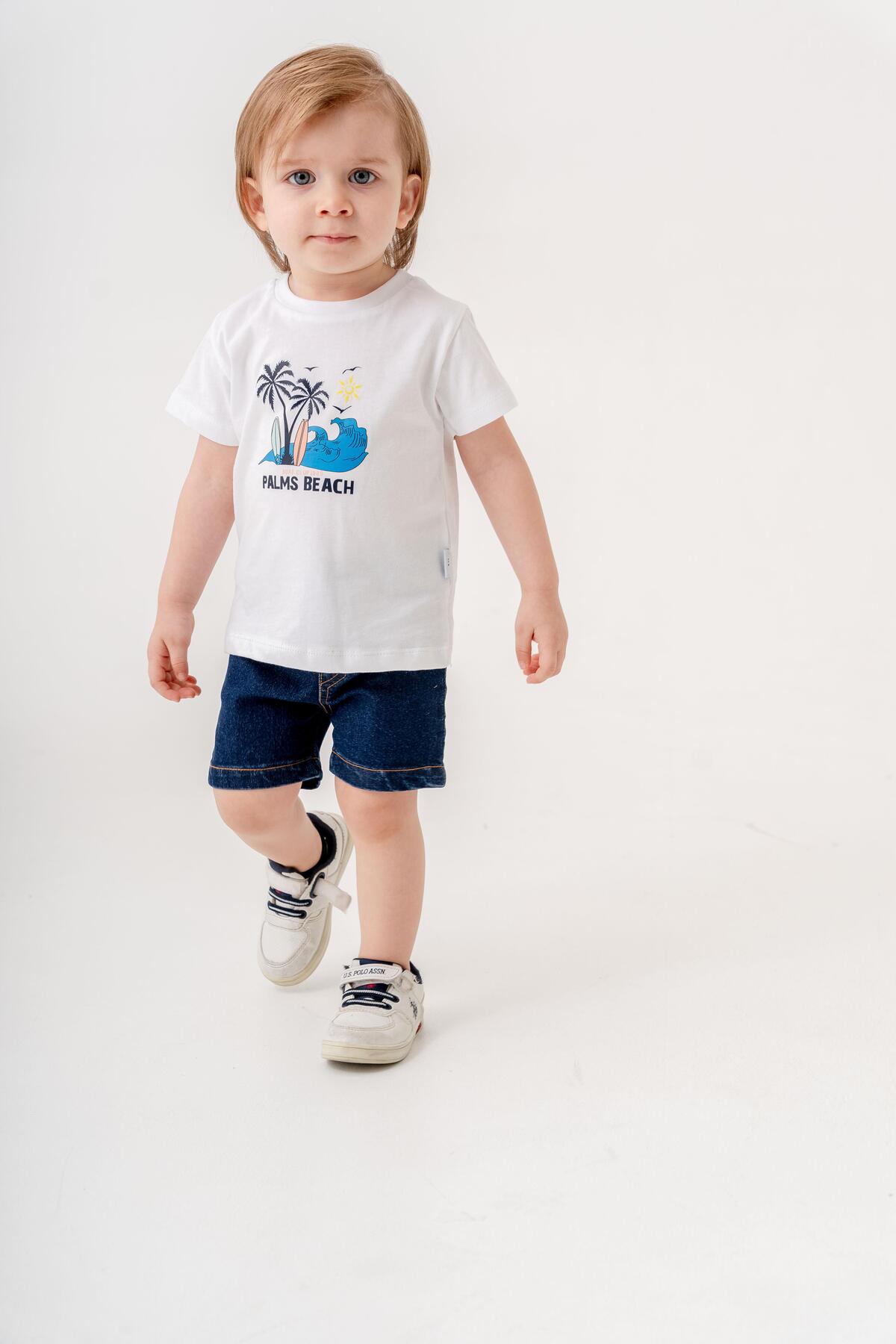 Chicsy Baby Tarz Gömlekli Çizgili Belden Ayarlanabilir Kısa Kollu Şortlu 3'lü Takım Bayramlık Düğünlük fotoğrafı 2 (önizleme)