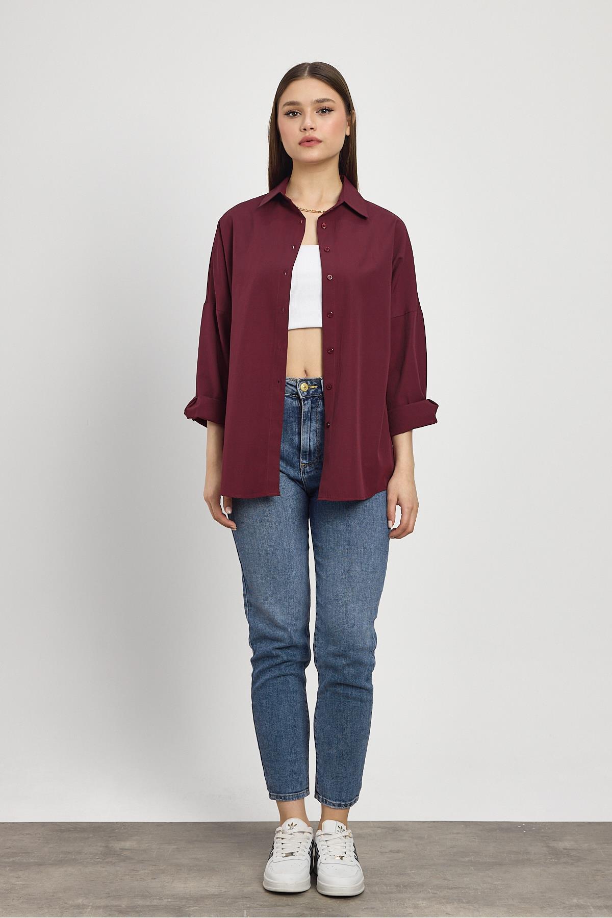 Rays  Bordo Relaxed Fit Rahat Kesim Basic Gömlek - 6621a - Görsel 7