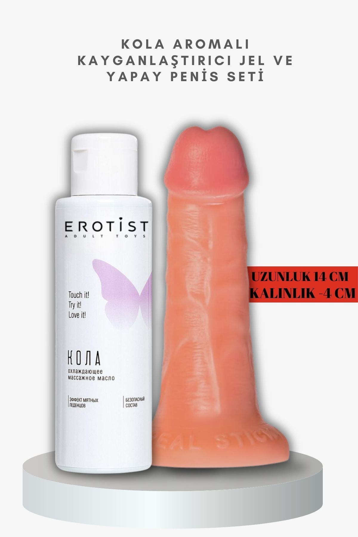 Erotist Kola Aromalı Kayganlaştırıcı Jel ve Caliber 14 cm Yapay Penis Seti - Strapon Uyumlu, 4 cm Çap