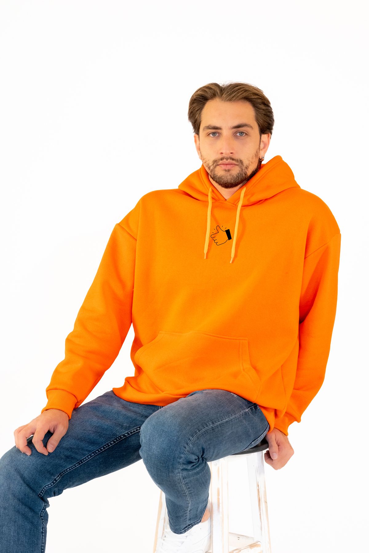 TEVOOY Unisex Oversize Kapşonlu tasarım Sweatshirt Thumbs Up Beğeni Baskılı içiTüylü Şardonlu TURUNCU