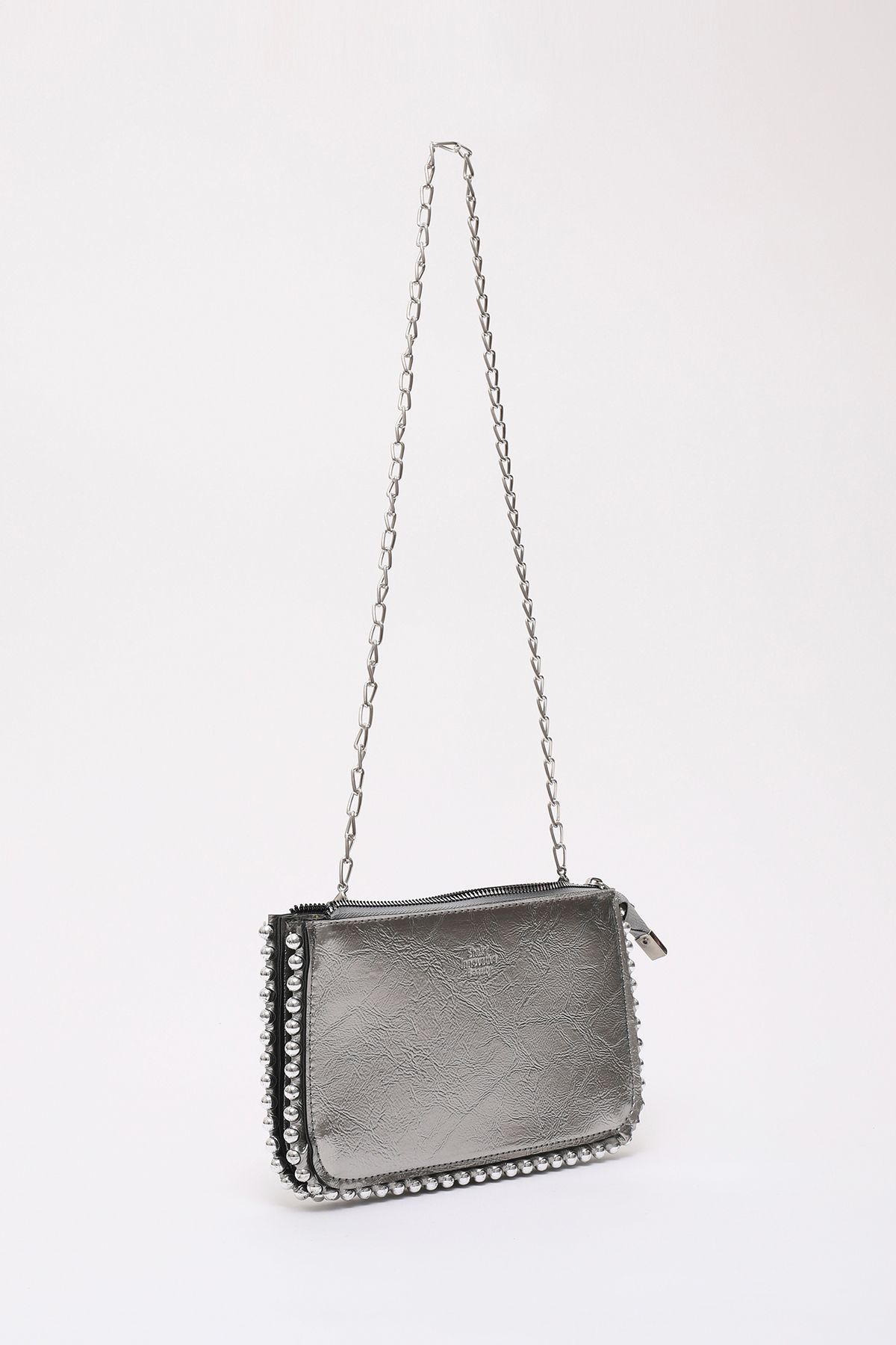 SHAKA-Shk182 Silver Faux Leather - 3 Compartments Bead Detailed Zippered Chain Strap Hand, Arm and Shoulder Bag E:23 2