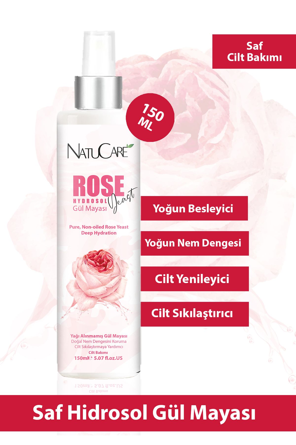 NatuCare Yoğun Besleyici Ve Cilt Sıkılaştırıcı %100 Saf Ve Doğal Hidrosol Gül Mayası 150ml