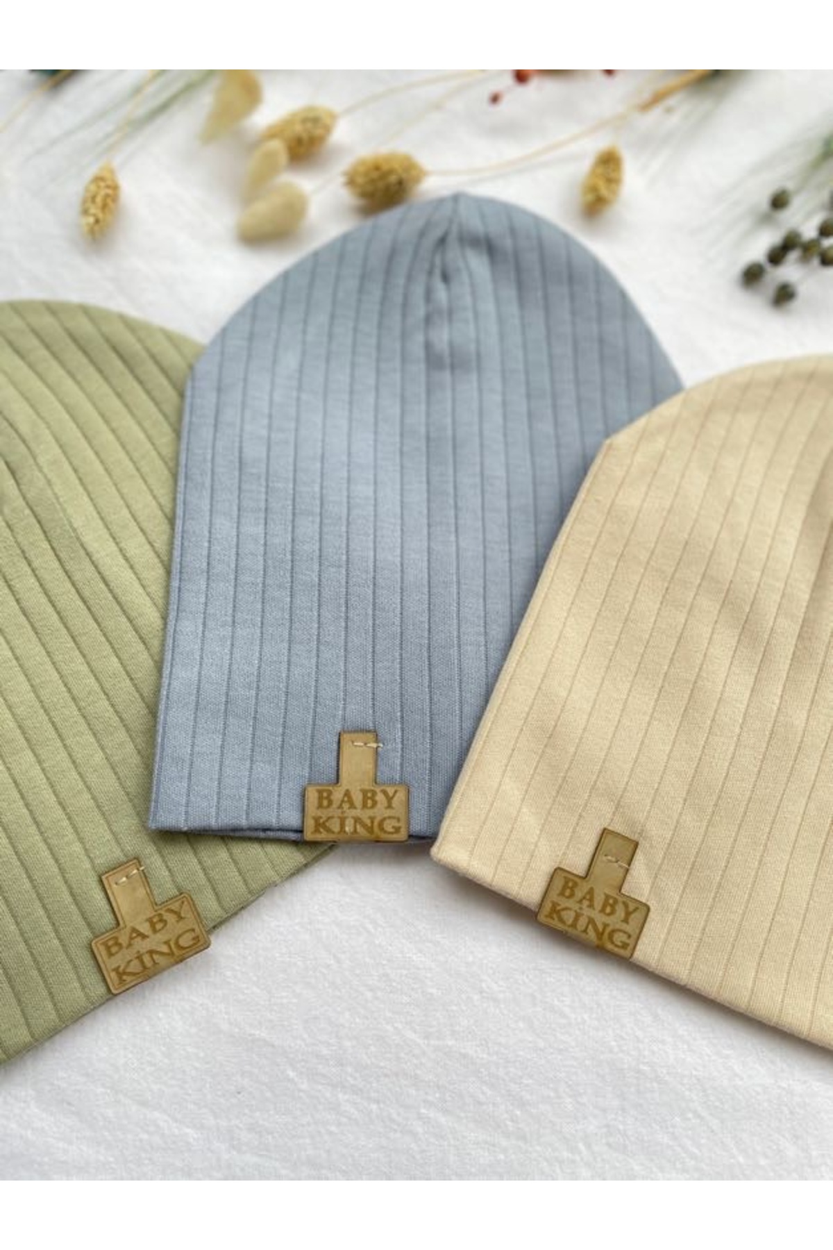 MASALBABY 3'lü Organik Pamuk Penye Bebek Şapka Bere Takım (Ağız mendili hediye) Mavi Yeşil Bej Renk fotoğrafı 2 (önizleme)