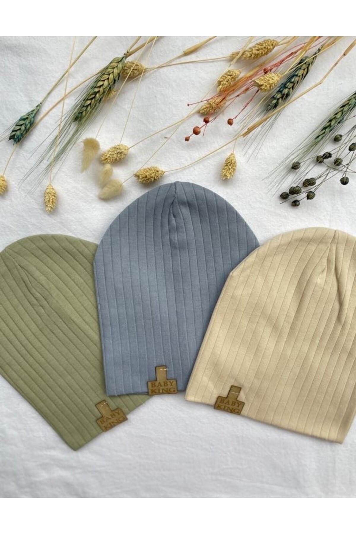 MASALBABY 3'lü Organik Pamuk Penye Bebek Şapka Bere Takım (Ağız mendili hediye) Mavi Yeşil Bej Renk fotoğrafı 5 (önizleme)