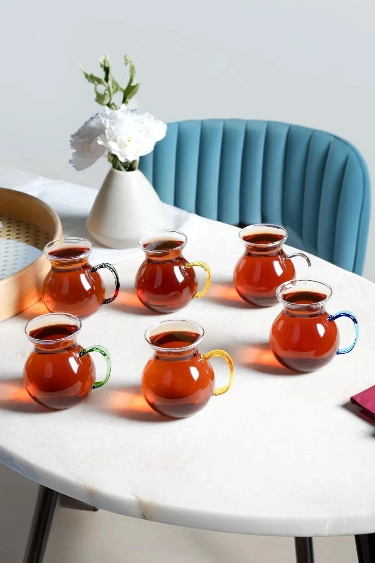 Parland Keyfi Ala 6'lı Borosilikat 200 ml Çay Bardağı 6 Farklı Kulp Rengi Şık Tasarım