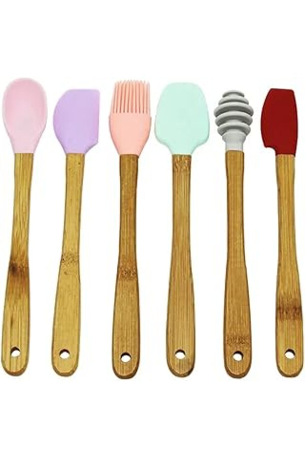 STOREMAX Ahşap Servis Seti - 6 Parça Spatula, Kaşık, Krema ve Bal Kaşığı, Yanmaz Silikon Uçlu