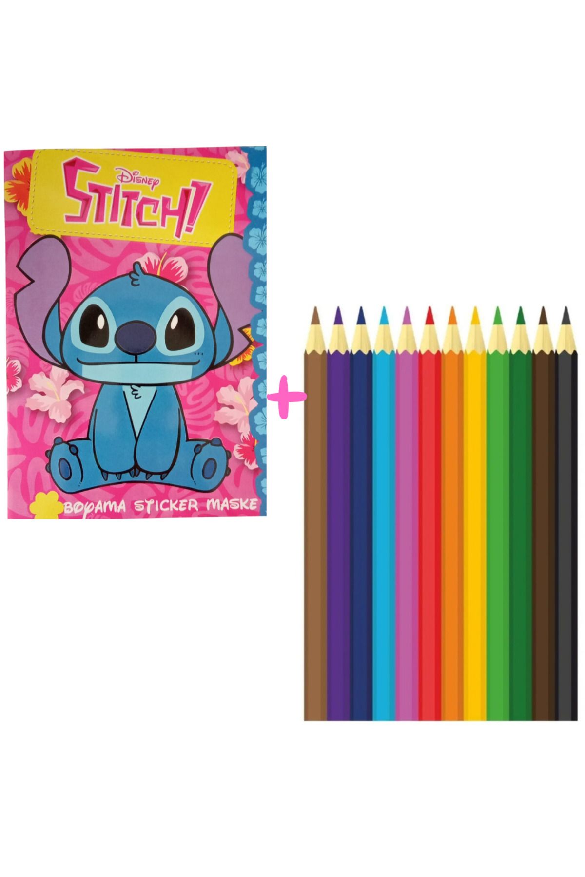 booddie Lilo & Stitch Boyama Kitabı Stickerlı (Arka Kapak Kesilerek Maskeli ) & 12'li Kuru Boya Kalemi