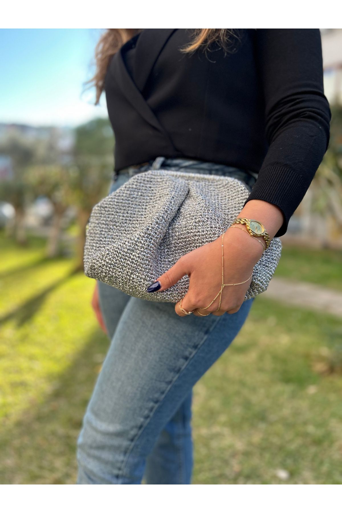 Moonjy El Yapımı Metalik Silver Pileli Burslu Clutch Çanta "Silvora"