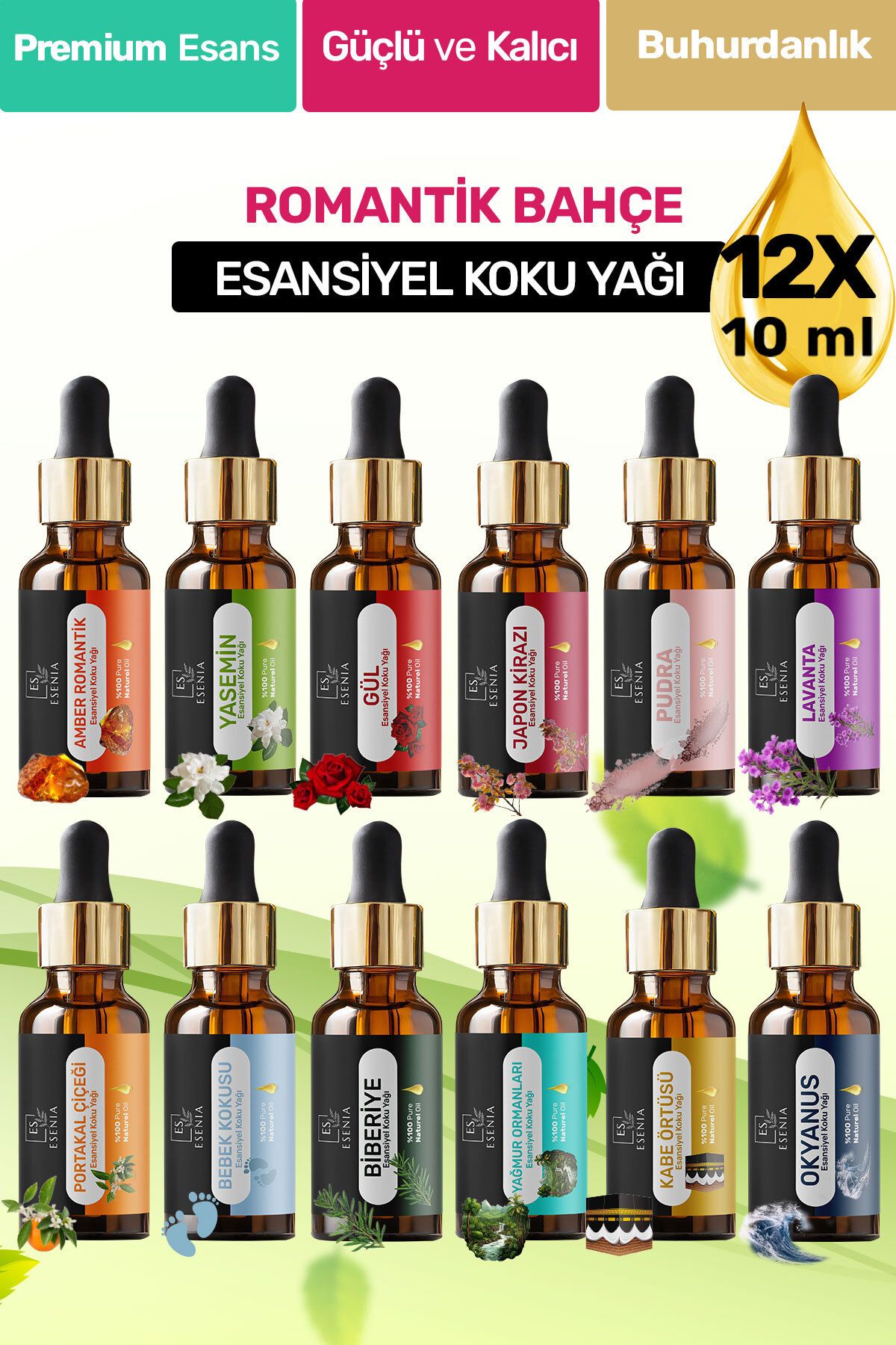 ESENIA 12'lı Set4 Esansiyel Uçucu Yağı Buhurdanlık Difüzör Esansı oda banyo parfümü 10ML x 12