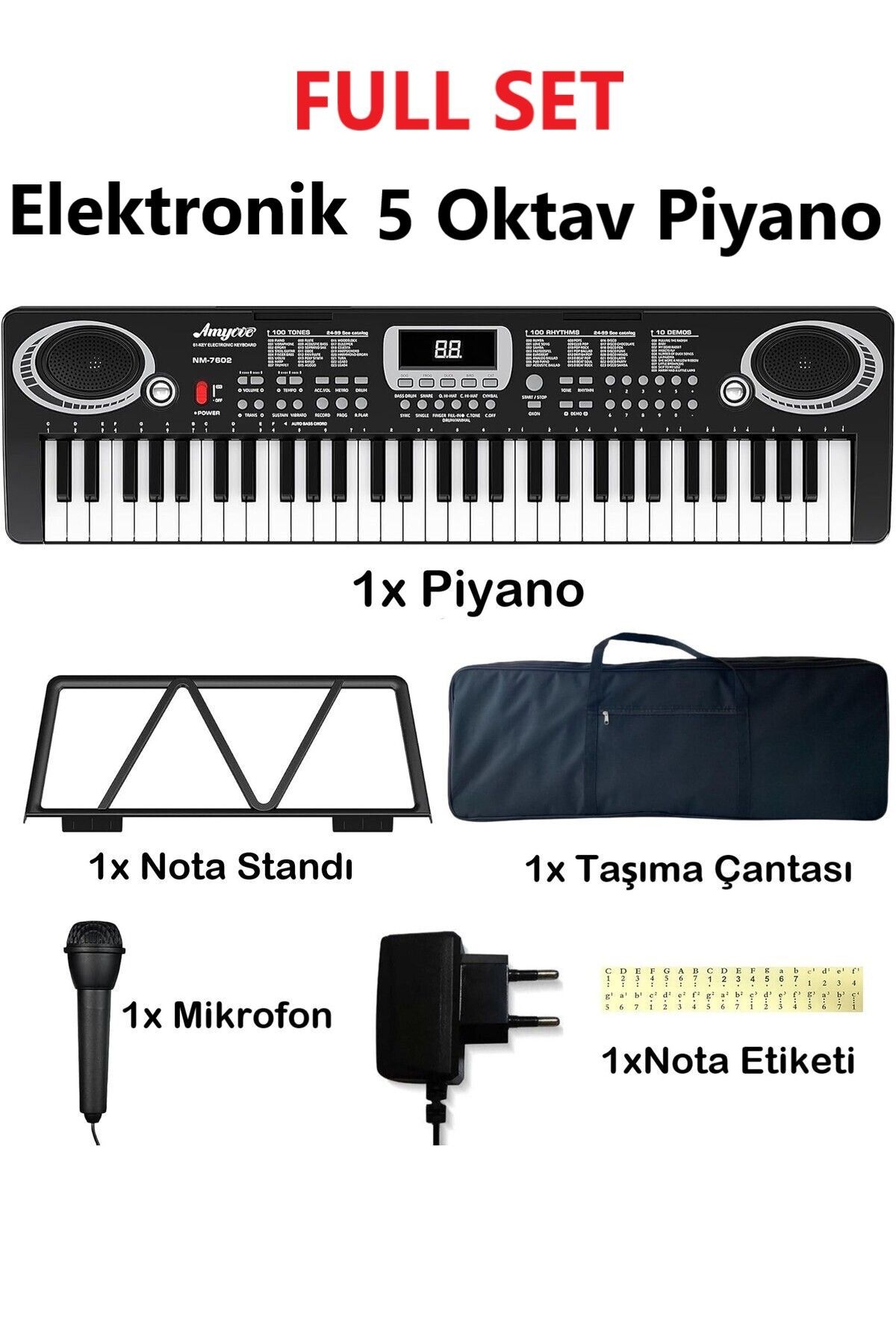 DUHALINE Piyano 61 Tuşlu 5 Oktav Org 100 Ses+100 Ritim Eğitim İçin Mikrofon+ Nota Standı+Taşıma Çatası HEDİYE