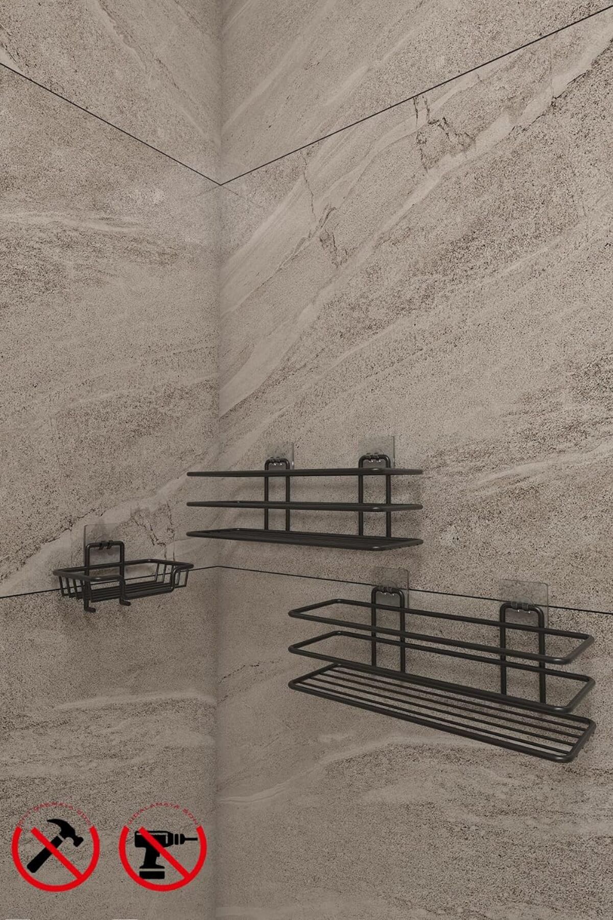 STOREMAX mrttnca Banyo Yapışkanlı Kancalı Paslanmaz Siyah 2 Adet Düzenleyıcı Rafı Katı Sabunluk ve B