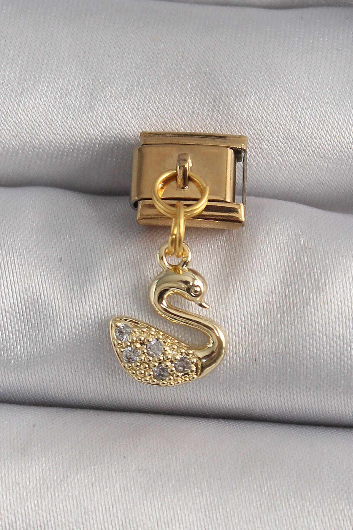 shop 316L Çelik Gold Renk Sallantı Zirkon Taşlı Kuğu Model Nomination Charm