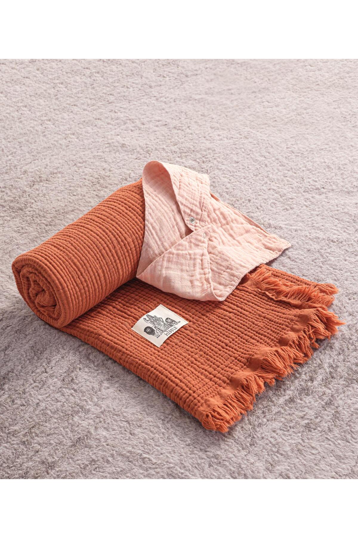 Kibele Kiremit 4 Katlı Müslin Püsküllü Bebek & Çocuk Battaniyesi %100 Pamuk 80x110cm fotoğrafı 2 (önizleme)