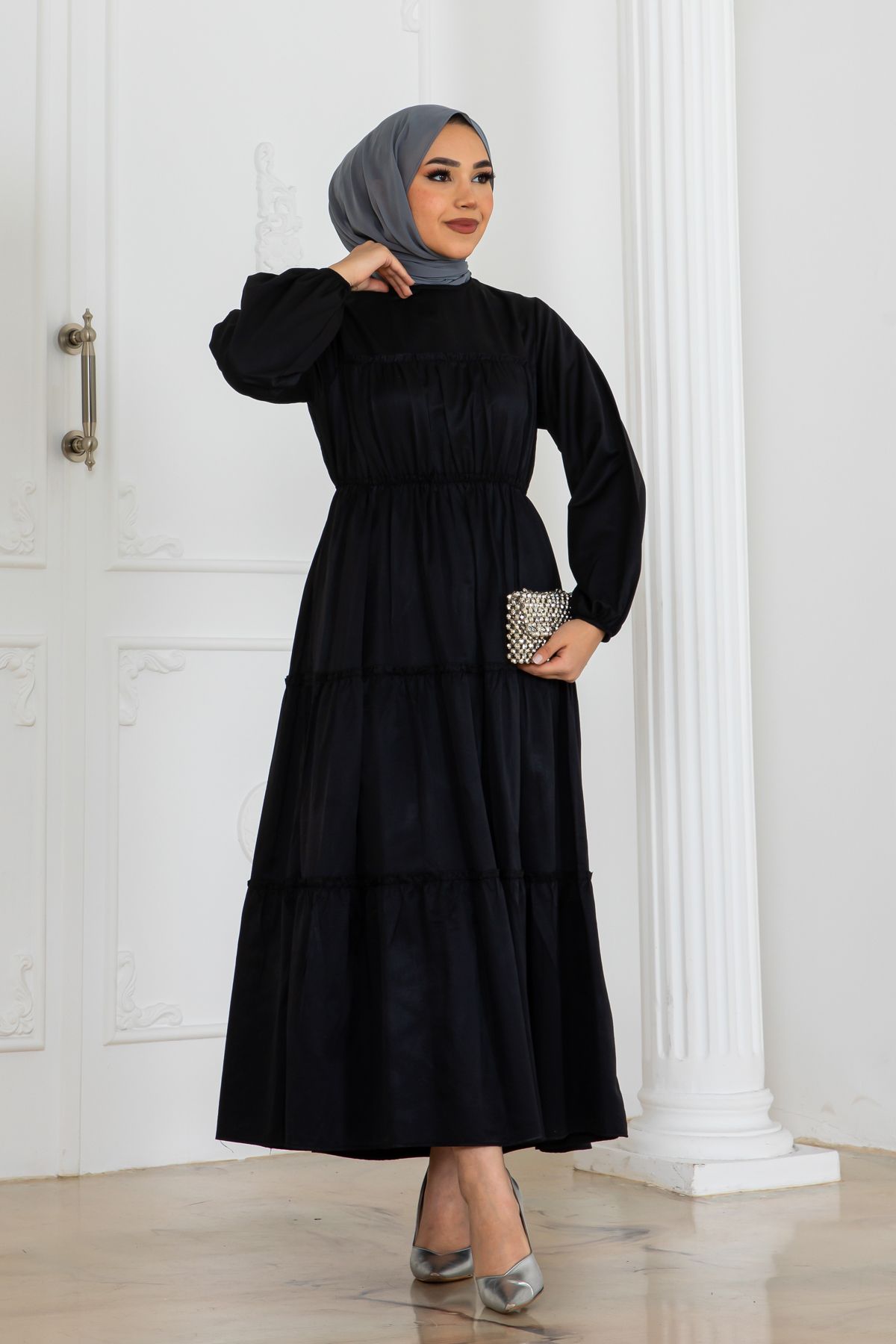 benguen-Black Hijab Dress - Elastic Sleeves, Model 2124 4